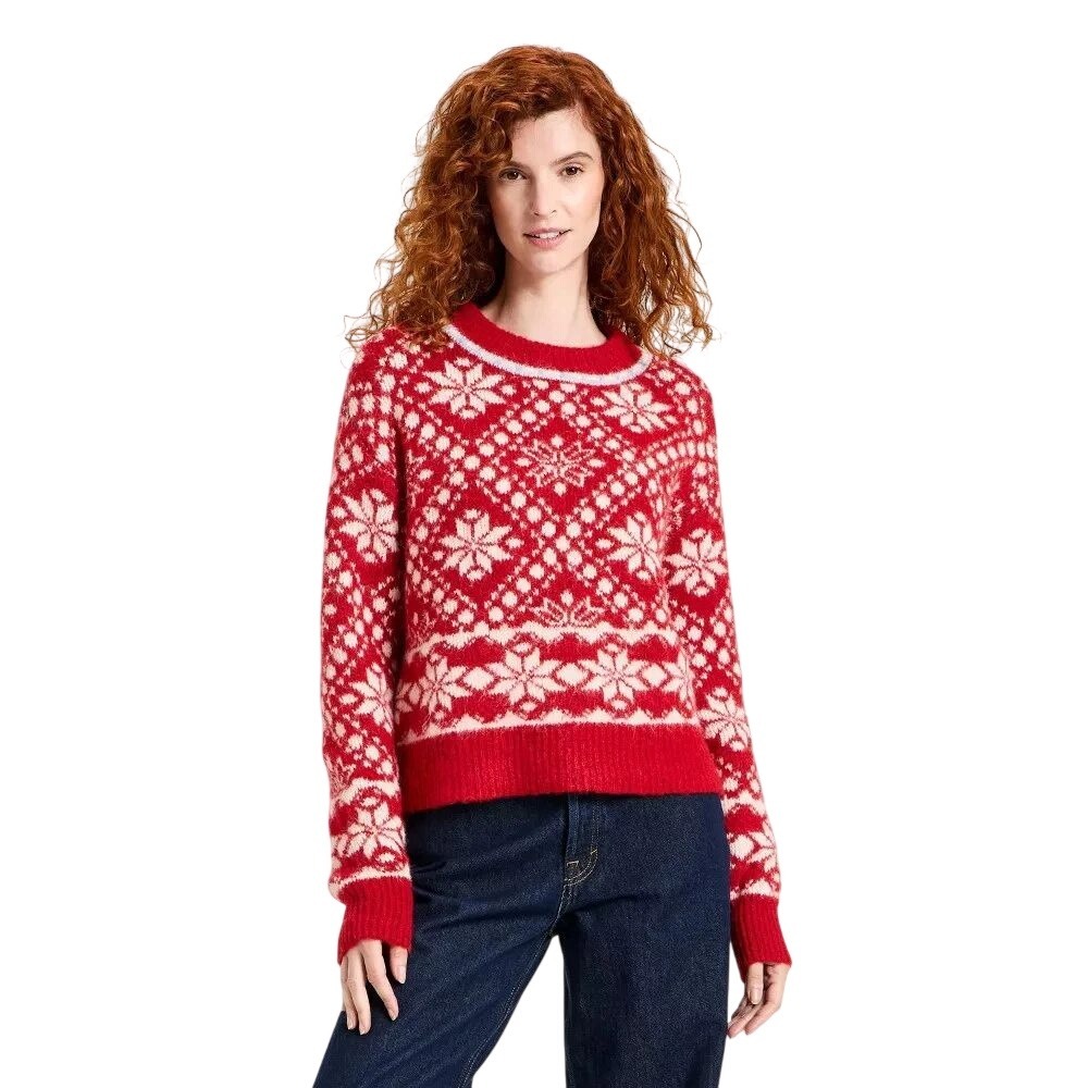 Universal Thread Women's Red Fair Isle Snowflake Knit Sweater Size XXL